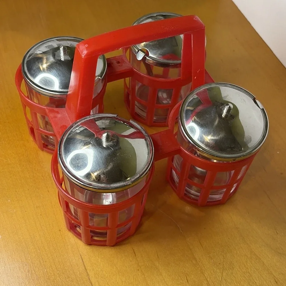 Crate&Barrel Red Condiment Caddy Jars w/ Ladles Picnic Cookout BBQ Party 4 Lids